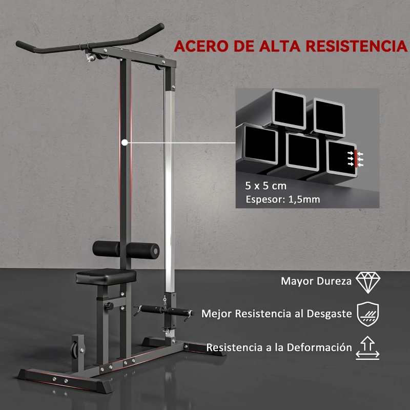 HOMCOM Máquina de Musculación Estación de Entrenamiento para Jalón al Pecho con Polea y Asiento Regulable para Entrenamiento en Gimnasio Hogar Oficina Carga Máx. 100 kg 107x120x190 cm Negro