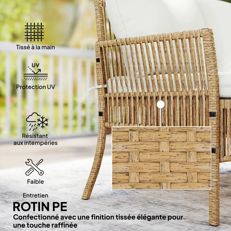 Outsunny Salon de jardin extérieur d'angle 4 places en résine tressée, canapé 2 places, chaise longue, table basse, crème