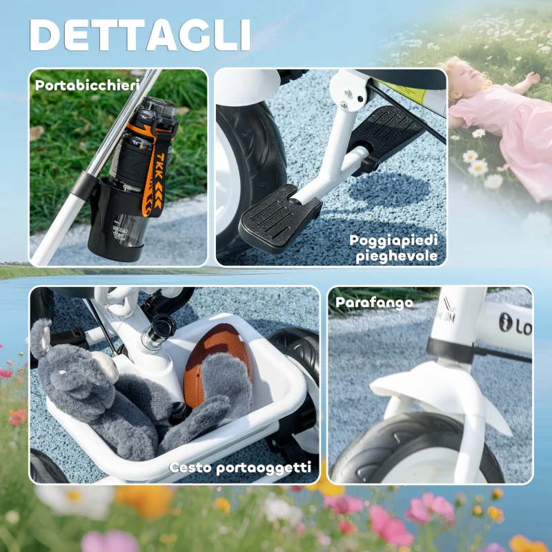 HOMCOM Triciclo per Bambini con Maniglione di Spinta, Tettuccio, Barra di Sicurezza e Box, 105x47x89 cm, Bianco e Nero