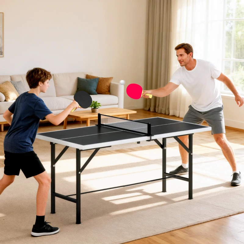 SPORTNOW Mini Mesa de Ping Pong Dobrável 152x76 cm para Exterior com Rede 2 Raquetes e 3 Bolas Fácil de Transportar Preto