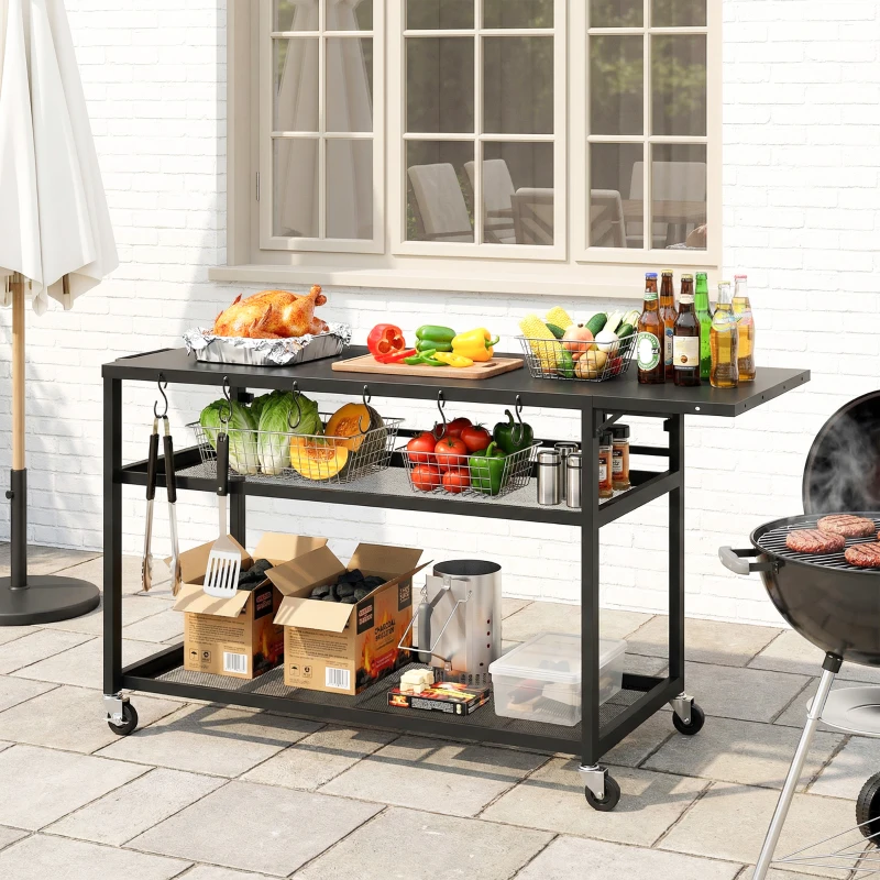 Outsunny Carrello da giardino per barbecue su ruote con Ripiano Laterale Pieghevole, Tre Ripiani, 133 x 48,5 x 82 cm, Nero