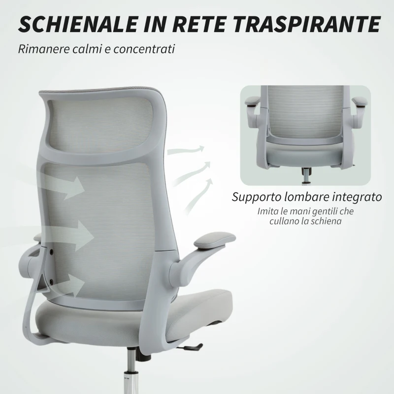 HOMCOM Sedia da Ufficio Ergonomica con Braccioli Regolabili, Schienale a Rete e Poggiatesta, Grigio