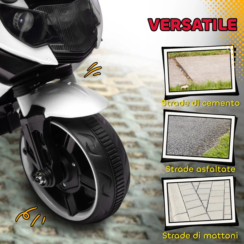 AIYAPLAY Moto Elettrica per Bambini da 6V con Rotelle Rimovibili, Fari e Musiche, Età 18-36 Mesi, Bianco