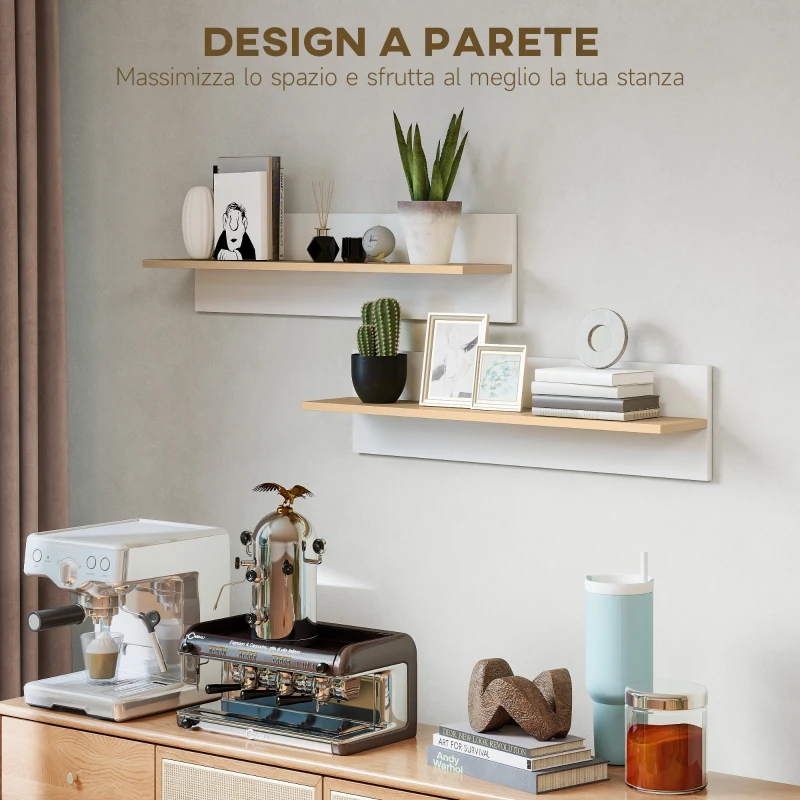 HOMCOM Set 2 Mensole da Parete per Casa e Ufficio in Legno, 80x16.5x20 cm, Bianco e color Legno