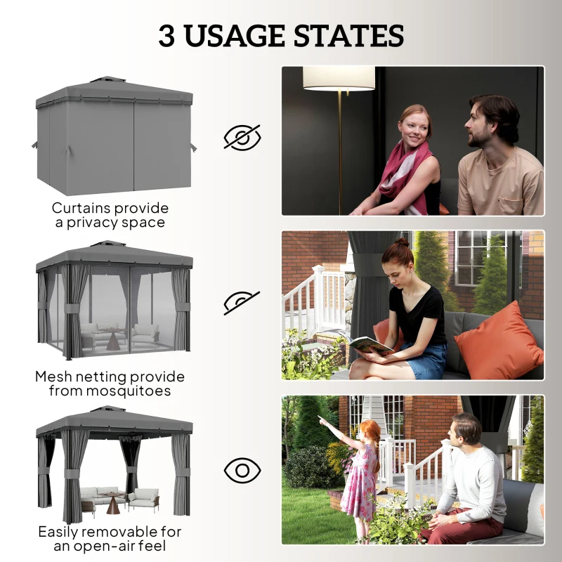 Outsunny 3 x 3(m) Patio Gazebo Canopy Garden Pavilion Tent Shelter Marquee with 2 Tier Roof, Netting and Curtains, Light Grey