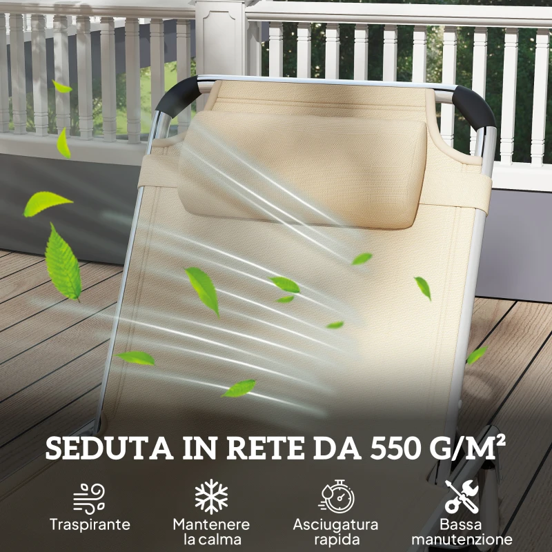 Outsunny Sdraio Pieghevole con Poggiatesta e Schienale Regolabile in Alluminio, 60x165x76 cm, Beige