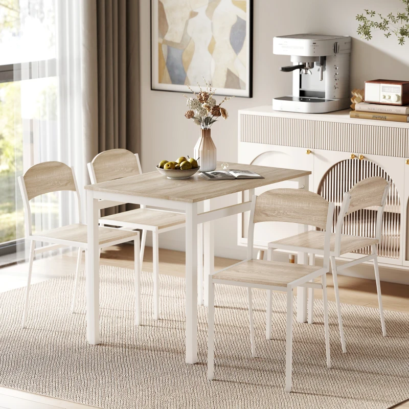 HOMCOM Ensemble table à manger 5 pièces avec 4 chaises style contemporain cuisine salle à manger salon plateau MDF coloris bois de chêne châssis métal blanc