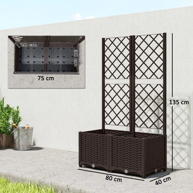 Outsunny Fioriera Rialzata con Traliccio per Rampicanti e 8 Fori di Drenaggio in PP, 80x40x135 cm, Marrone