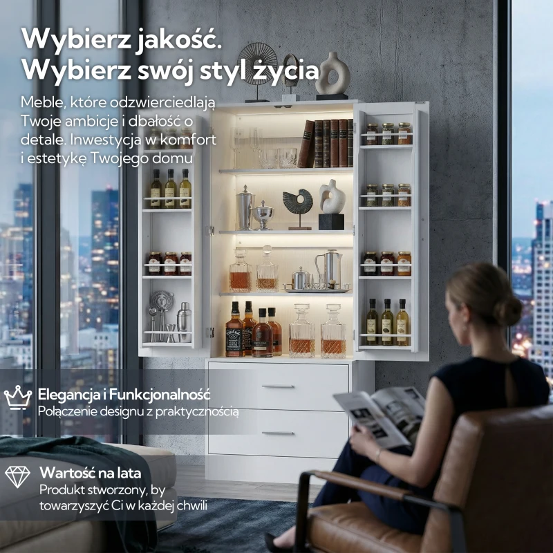 HOMCOM Szafka kuchenna Bufet z 2 drzwiami, 8 półkami drzwiowymi, 2 szufladami, Wysoki szafka z regulowanymi półkami, Nowoczesny schowek na zapasy do salonu, Biały, 60 x 40 x 159 cm