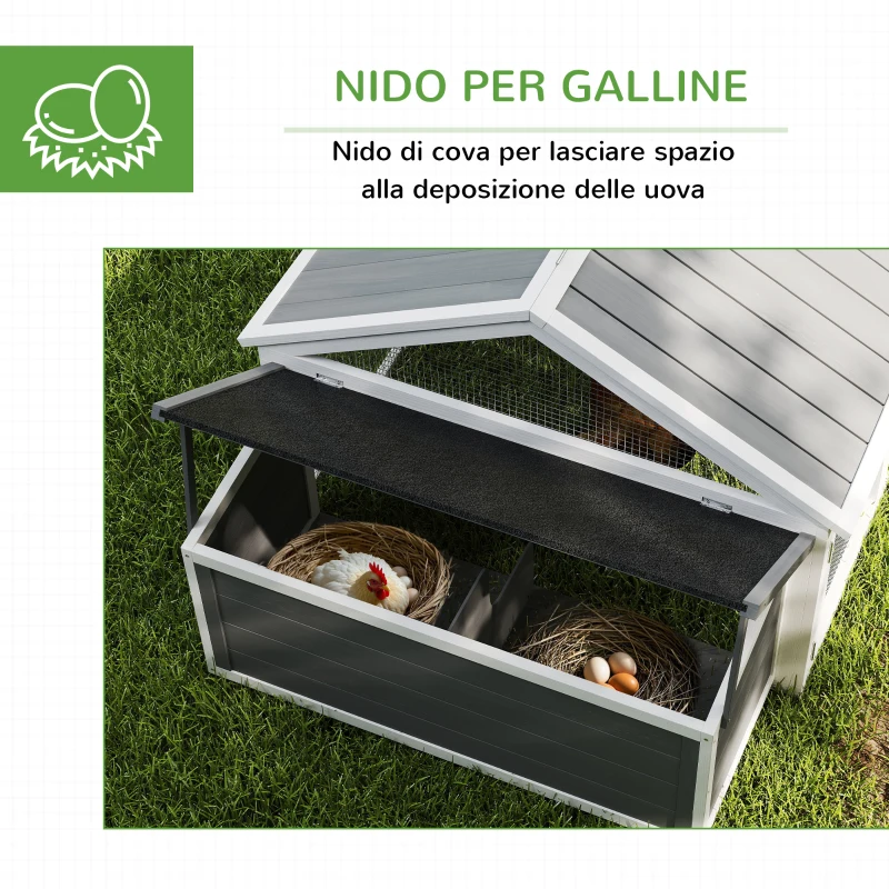 PawHut Pollaio da Giardino per 4-8 Galline in Legno con Rete Metallica e Tetto Apribile, 240x112.5x76 cm, Bianco