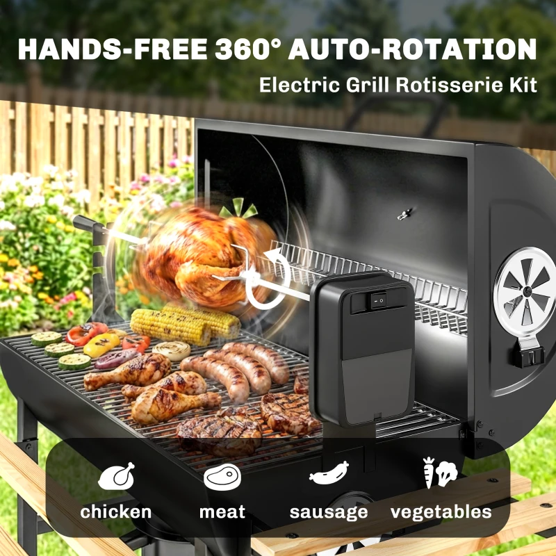 Outsunny Grătar pe Cărbuni Portabil Grătar pe Cărbuni Tip Butoi cu Rotisor Electric Rafturi Pliabile Roți Termometru