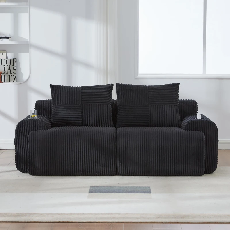 Modulares 2-Sitzer-Cordsofa, mit Getränkehalter und Seitentasche, 200 x 99 x 80 cm, Schwarz