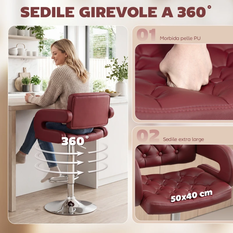 HOMCOM Sgabello da Bar con Schienale e Braccioli, Altezza Regolabile e Poggiapiedi, Finta Pelle Rosso