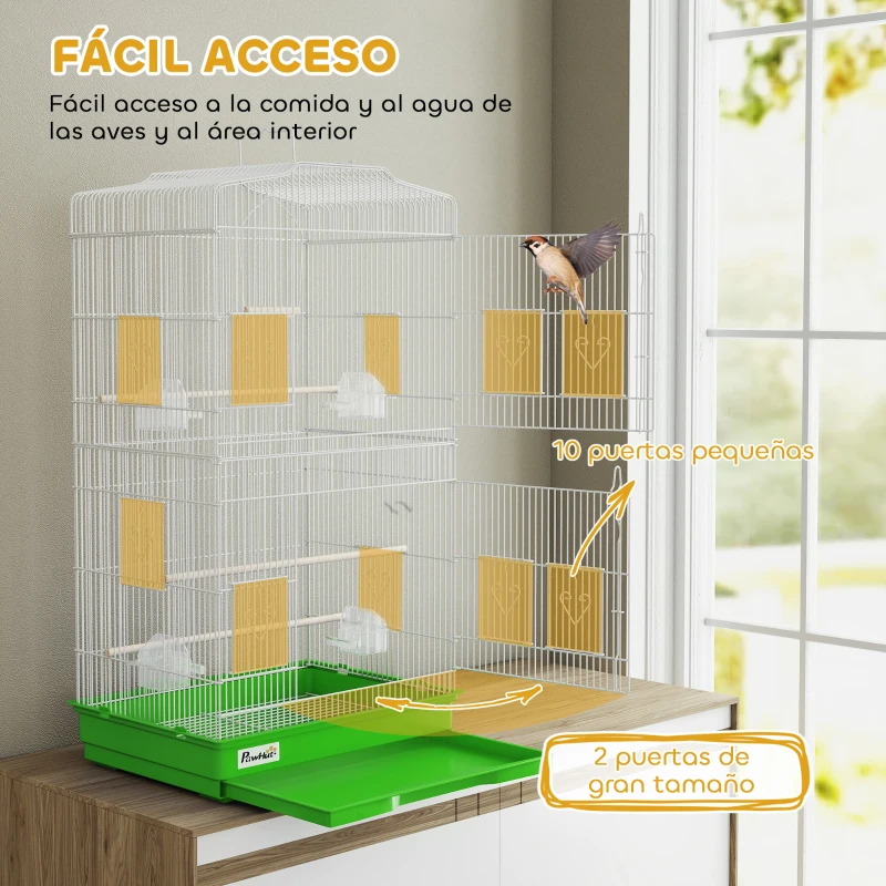 PawHut Jaula para Pájaros Pajarera de Metal con 4 Comederos 3 Perchas Columpio y Bandeja Extraíble Asa 46,5x35,5x92 cm Verde