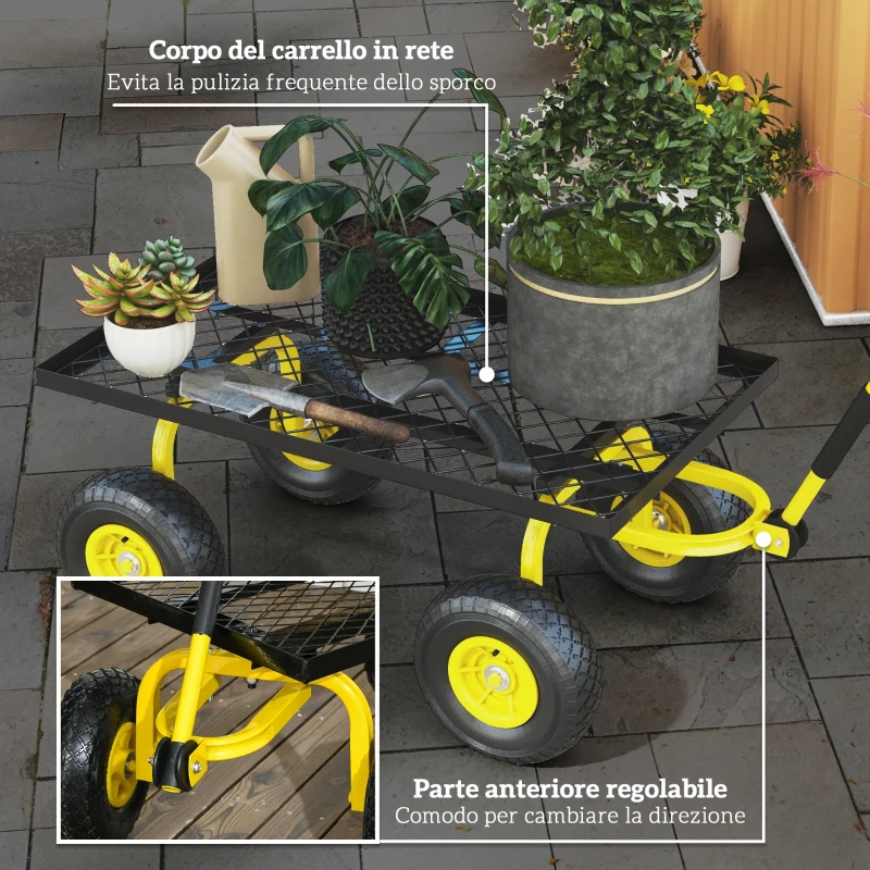 Outsunny Carrello da Giardino in Acciaio con Capacità 150 kg e Maniglia Rivestita, 94x48.5x100 cm, Giallo e Nero