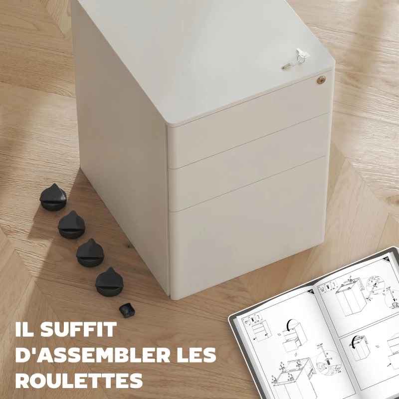 Vinsetto Caisson de bureau rangement bureau sur roulettes 3 tiroirs coulissants verrouillables trieur à dossiers dim. 39L x 48I x 59H cm acier blanc