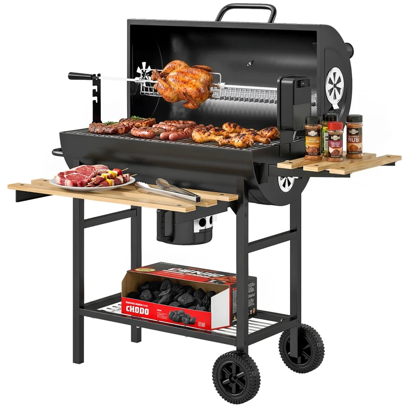 Outsunny Tragbarer Holzkohlegrill Fass-Holzkohlegrill mit elektrischem Drehspieß Klappbare Ablagen Räder Thermometer