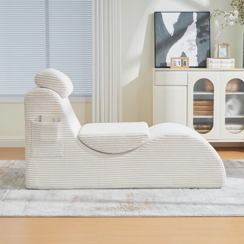 Moderner Freizeit-Sessel mit ergonomischer Rückenlehne, abnehmbarem Sitzkissen und Seitentasche, 160 x 66 x 90 cm, Beige