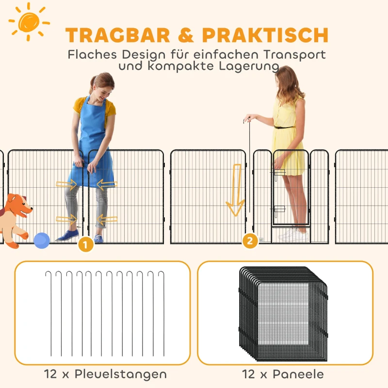 PawHut Welpenlaufstall 12-teilig Welpenauslauf faltbar mit 2 Tür 12 Gitterplatten Stahl je 80x100 cm Grau