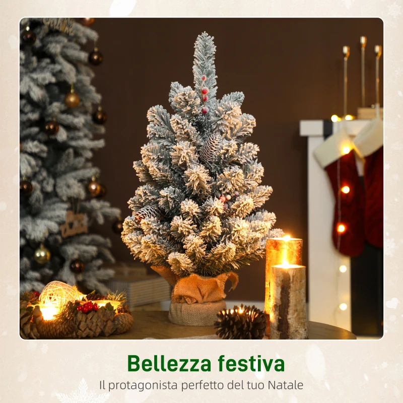 HOMCOM Albero di Natale Piccolo Alto 60 cm con 72 Rami Innevati, Pigne e Bacche Rosse, Verde