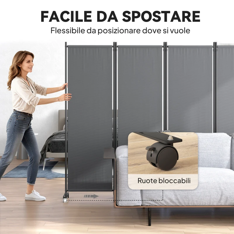 Outsunny Paravento da Esterno e Interno a 4 Pannelli Pieghevole con Ruote, 221x50x172cm, Grigio Scuro