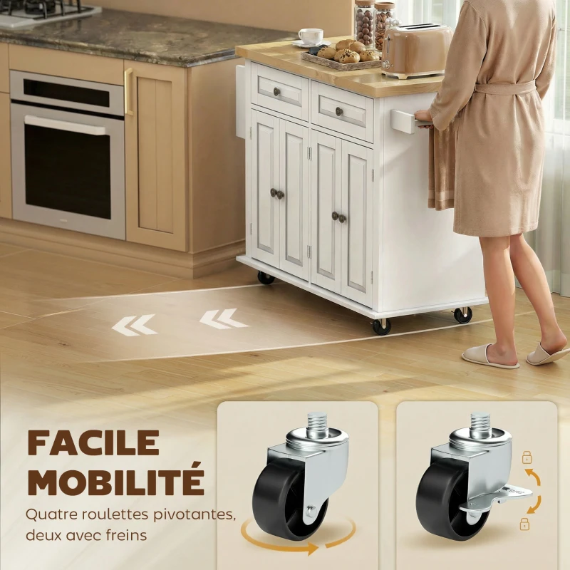 HOMCOM Desserte ilôt de cuisine multi rangements 2 tiroirs 2 placard 2 portes avec étagère range-bouteille porte-torchons et étagère réglable MDF blanc hévéa