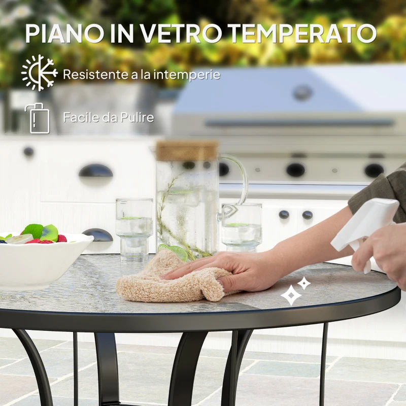 Outsunny Tavolino da Giardino Rotondo con Foro per Ombrellone, in Metallo e Vetro Temperato, Ø96.5x71 cm, Nero