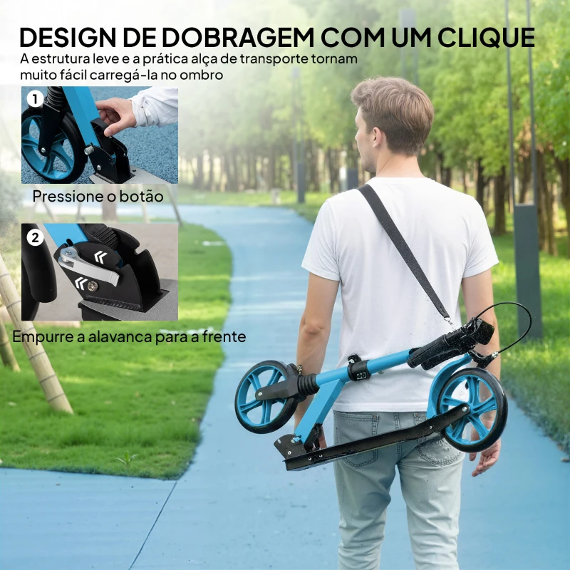 HOMCOM Trotinete Dobrável com Guiador Ajustável Rodas Grandes de 200 mm Amortecimento e Travão Carga Máxima de 100 kg 91,5 x 36,5 x 91-104 cm Azul