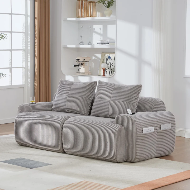 Modulares 2-Sitzer-Cordsofa, mit Getränkehalter und Seitentasche, 200 x 99 x 80 cm, Hellgrau