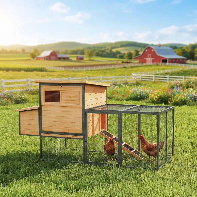 PawHut Poulailler cage à poule en bois et acier avec enclos pondoir tiroir à déjection et toit ouvert 192x81,5x104cm orange