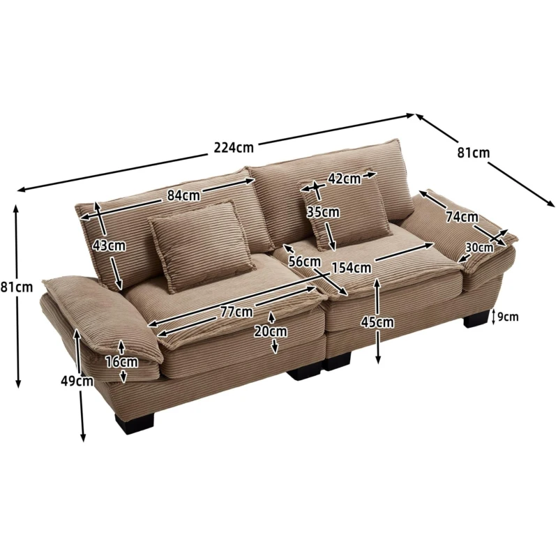 Divano moderno 2 posti in tessuto effetto velluto, per casa e ufficio, 224x81x81 cm, Kaki