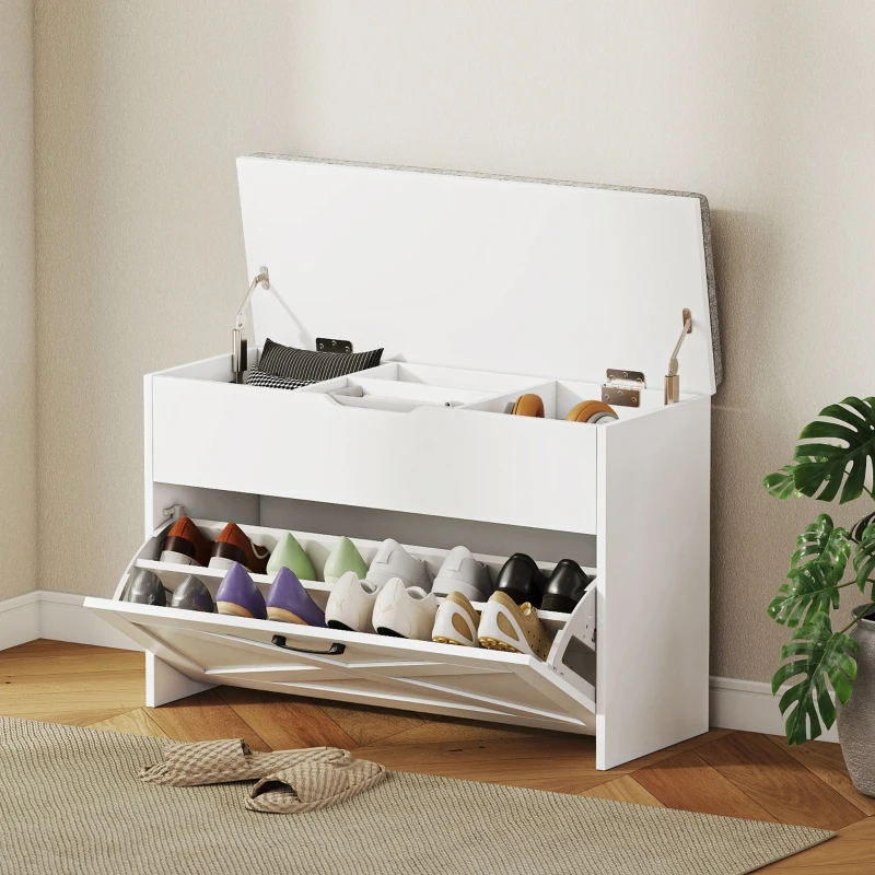 HOMCOM Panca Scarpiera con Cassetto Ribaltabile e Contenitore, Capacità 8 Paia di Scarpe, 80x30x55 cm, Bianco