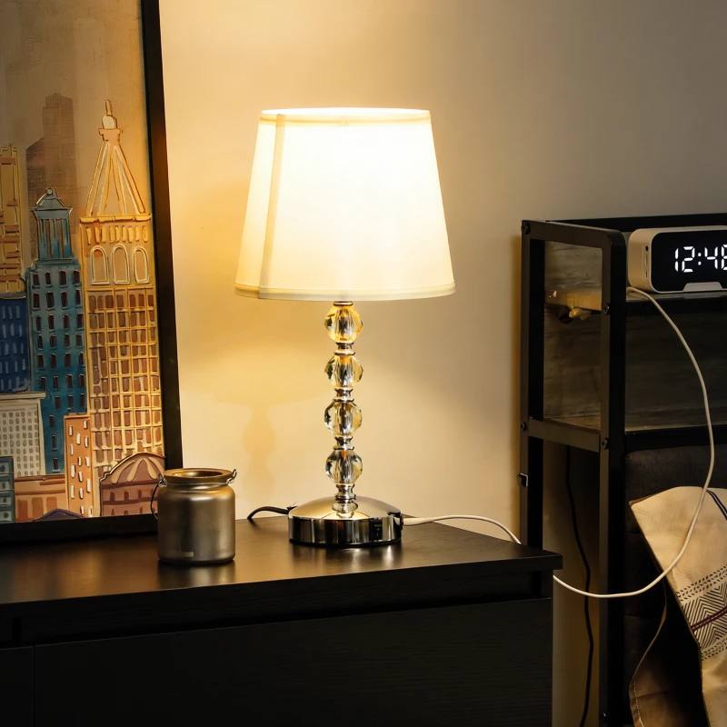 HOMCOM Lampada da Tavolo con Cristalli e Porta USB, in Metallo, Vetro e Poliestere, Ø23x45 cm, Bianco e Argento