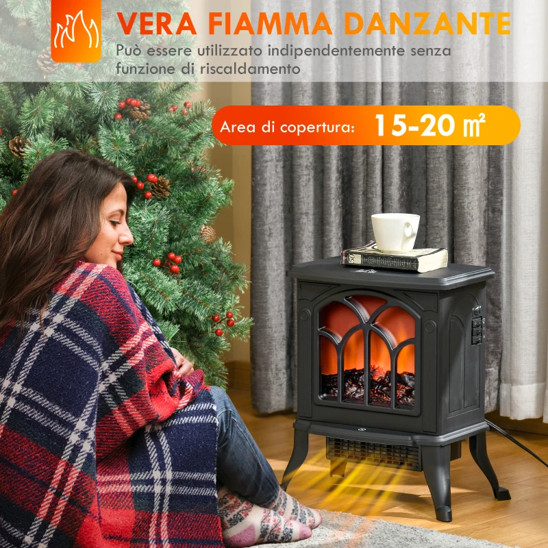 HOMCOM Camino Elettrico da Terra con 2 Livelli di Potenza 750/1500 W, Effetto Fiamma, Area di Copertura 15-20 m², Nero
