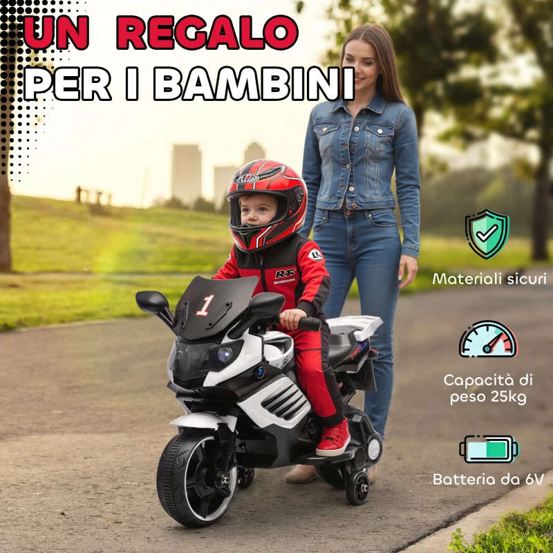 AIYAPLAY Moto Elettrica per Bambini da 6V con Rotelle Rimovibili, Fari e Musiche, Età 18-36 Mesi, Bianco