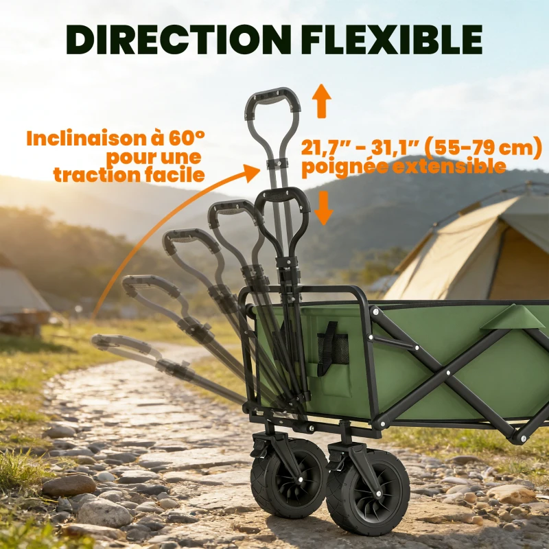 Outsunny Chariot de Jardin Pliable 130L avec Roues, Remorque Robuste avec Freins, Poignée Réglable, vert
