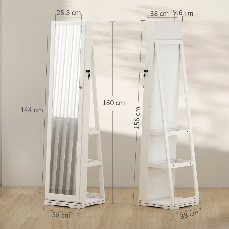 HOMCOM Specchio Portagioie Girevole per Camera da Letto con 2 Chiavi, in Legno Bianco e Vetro, 38x38x160 cm