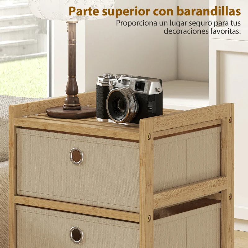 HOMCOM Cómoda con 3 Cajones de Tela Estructura de Bambú Cajonera para Espacios Pequeños Crema y Natural