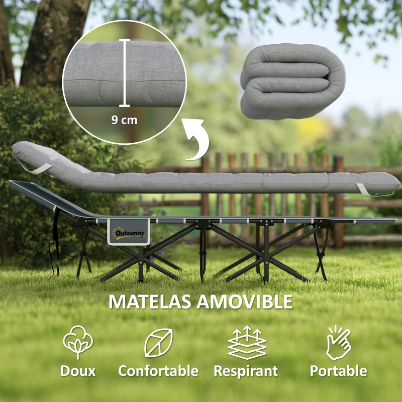 Outsunny Lit de camping pliable avec matelas, Lit de Camp Pliant, pochette latérale et sac intégré, 185 x 68 x 37 cm, gris clair