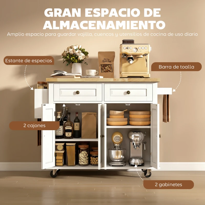 HOMCOM Isla de Cocina con Ruedas Mueble Auxiliar de Cocina con Especiero y Barra Lateral 111x44,5x82,5 cm Blanco