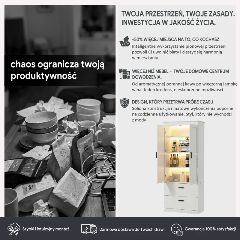 Szafka kuchenna, wysoka, regulowane półki, 2 szuflady, kremowa