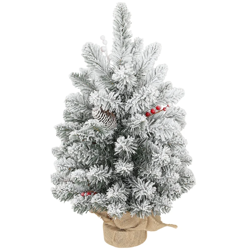 HOMCOM Albero di Natale Piccolo Alto 60 cm con 72 Rami Innevati, Pigne e Bacche Rosse, Verde