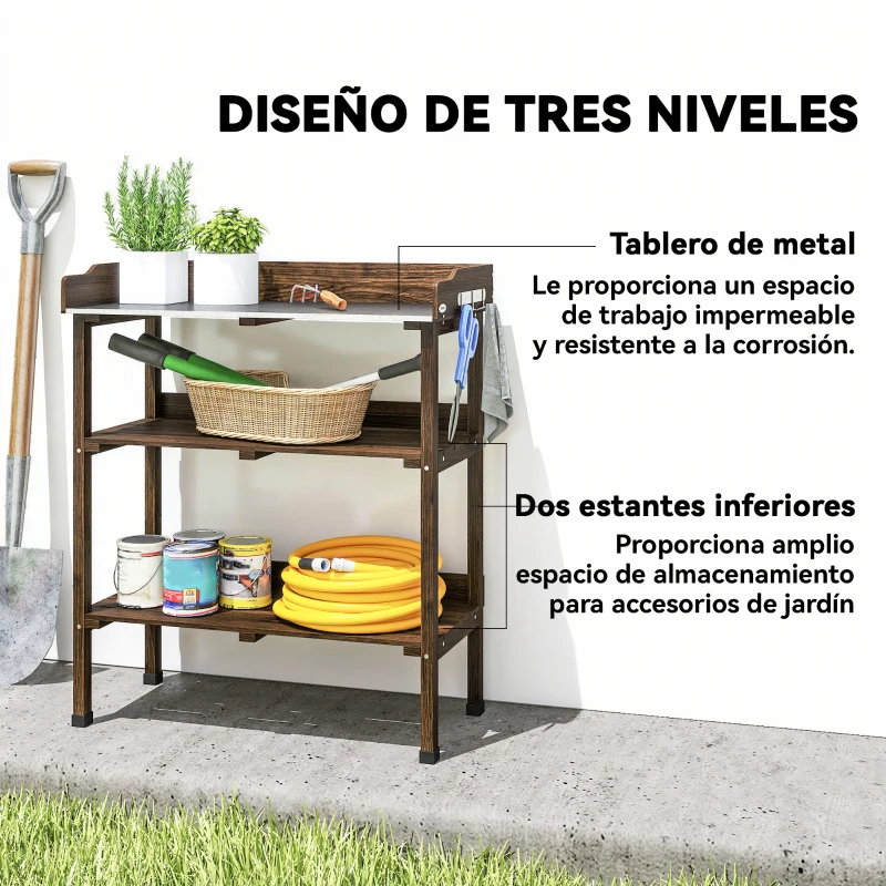 Outsunny Mesa de Jardinería de Madera con Superficie Metálica Estantes y Ganchos para Jardín Terraza 76x37x89 cm Carbonizado