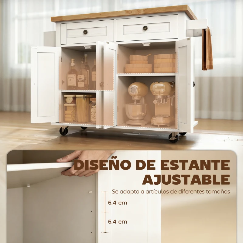 HOMCOM Isla de Cocina con Ruedas Mueble Auxiliar de Cocina con Especiero y Barra Lateral 111x44,5x82,5 cm Blanco