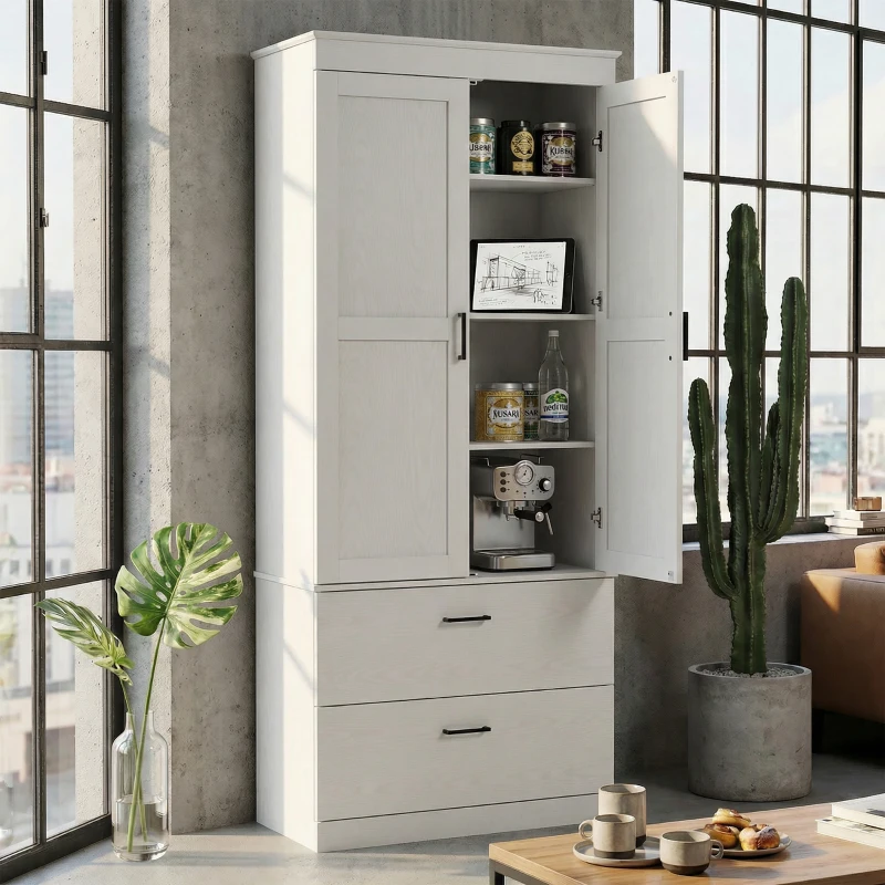 Szafka kuchenna, wysoka, regulowane półki, 2 szuflady, kremowa