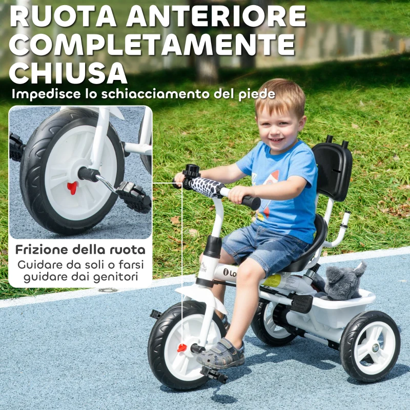 HOMCOM Triciclo per Bambini con Maniglione di Spinta, Tettuccio, Barra di Sicurezza e Box, 105x47x89 cm, Bianco e Nero