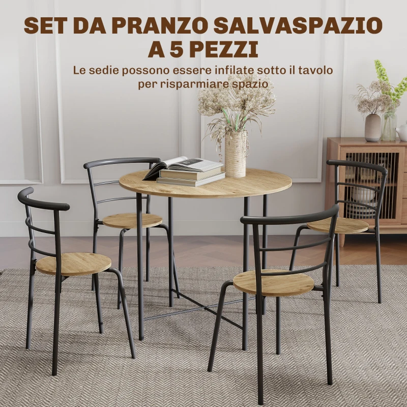 HOMCOM Set Tavolo da Pranzo Rotondo con 4 Sedie Salvaspazio in Legno e Metallo Stile Industriale