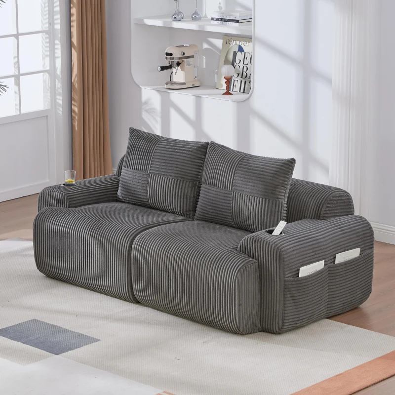 Modulares 2-Sitzer-Cordsofa, mit Getränkehalter und Seitentasche, 200 x 99 x 80 cm, Dunkelgrau