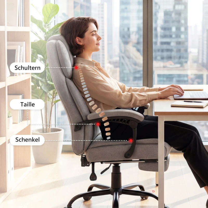HOMCOM Hoge rug massage-bureaustoel met vibratie, warmtefunctie, verstelbare rugleuning, voetensteun, afstandsbediening, grijs