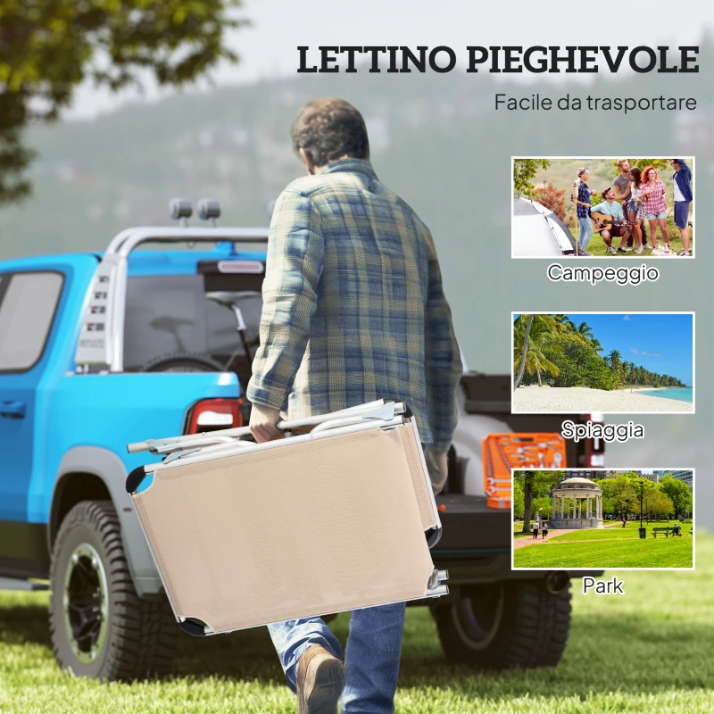 Outsunny Sdraio Pieghevole con Poggiatesta e Schienale Regolabile in Alluminio, 60x165x76 cm, Beige